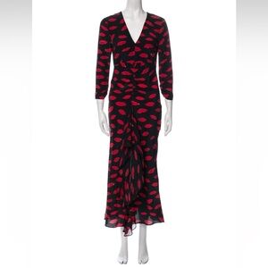 RIXO silk open back midi dress three quarter sleeve ruffle front kiss lip M